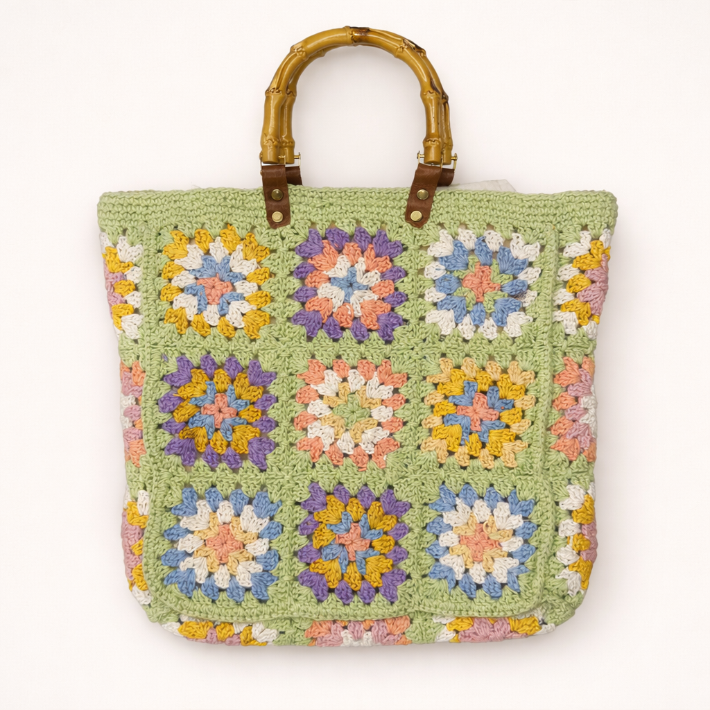 Pastel Bloom Crochet Tote Bag With Artificial Bamboo Handle