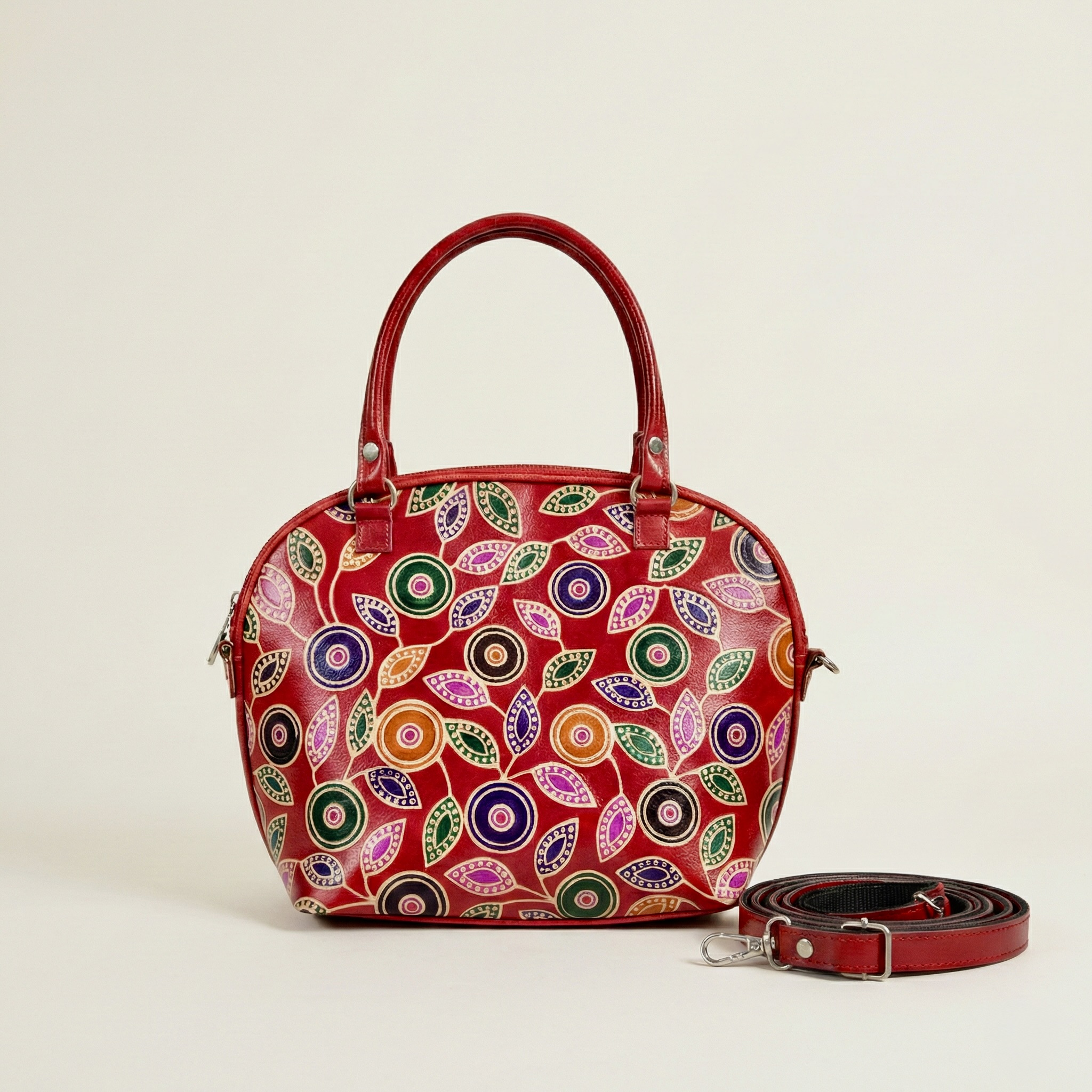Royal Paisley Genuine Leather Handbag with Detachable Sling